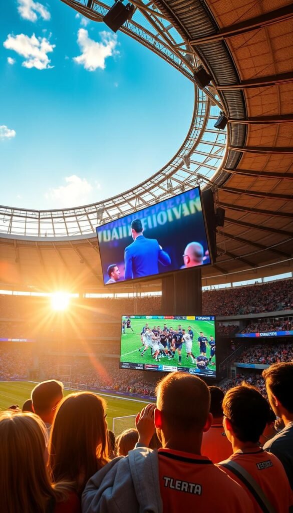 A sun-drenched sports arena, a 4K IPTV screen commands the center stage. Hoxtoon Provider's cutting-edge technology beams live action in ultra-high definition, immersing viewers in the heart of the game. Sleek, modern design elements frame the display, hinting at the seamless user experience. In the foreground, a group of sports enthusiasts lean in, captivated by the crystalline visuals and dynamic camera angles. The atmosphere is electric, capturing the thrill of 24/7 access to premier sporting events. Ambient lighting casts a warm glow, creating a sense of unity and shared passion for the game. This is the future of sports streaming, revolutionizing how Americans experience the thrill of live competition.