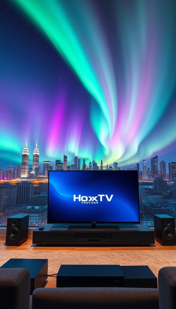 A sweeping panoramic view of a dynamic 4K IPTV landscape. In the foreground, a sleek, contemporary living room setup with a state-of-the-art 4K television, surrounded by high-end audio equipment. On the television screen, the Hoxtoon Provider logo is prominently displayed, indicating the cutting-edge IPTV service powering this home entertainment system. In the middle ground, a city skyline with towering skyscrapers and modern architectural marvels, symbolizing the urban technological advancements that have revolutionized television viewing. In the background, a vibrant and colorful aurora borealis fills the sky, creating a sense of wonder and futuristic energy. Lighting is dramatic, with deep shadows and highlights accentuating the technology and the natural phenomenon. The overall composition conveys the evolution of television from traditional cable to the immersive, high-quality 4K IPTV experience offered by Hoxtoon Provider.