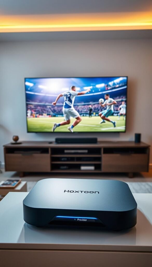 A technologically advanced 4K IPTV service with razor-sharp clarity, immersing expat FIFA fans in a vivid, cinematic viewing experience. In the foreground, a sleek, futuristic set-top box emblazoned with the "Hoxtoon Provider" logo sits atop a modern entertainment center. Rays of warm light filter through a window, casting a cozy, inviting glow. In the middle ground, a large, high-definition television displays a captivating FIFA match, players' movements fluid and lifelike. The background showcases a minimalist, elegantly designed living space, hinting at the premium quality and seamless integration of the Hoxtoon IPTV solution. An atmosphere of technological innovation, sports enthusiasm, and domestic comfort pervades the scene.