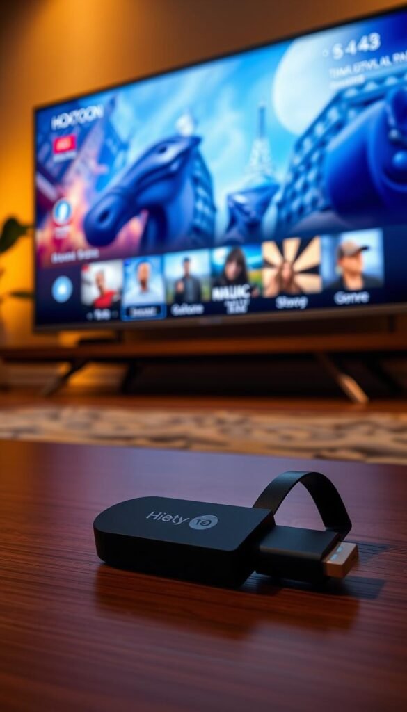 A technologically advanced 4K smart TV displaying a vivid, crystal-clear image. The screen showcases the Hoxtoon Provider IPTV service, offering an extensive catalog of high-quality 4K content. In the foreground, a sleek, modern Chromecast device seamlessly connects the TV to the IPTV service, enabling effortless 4K streaming. The scene is illuminated by warm, diffused lighting, creating a cozy, immersive atmosphere. The overall composition conveys the benefits of using IPTV with Chromecast for an unparalleled 4K streaming experience.