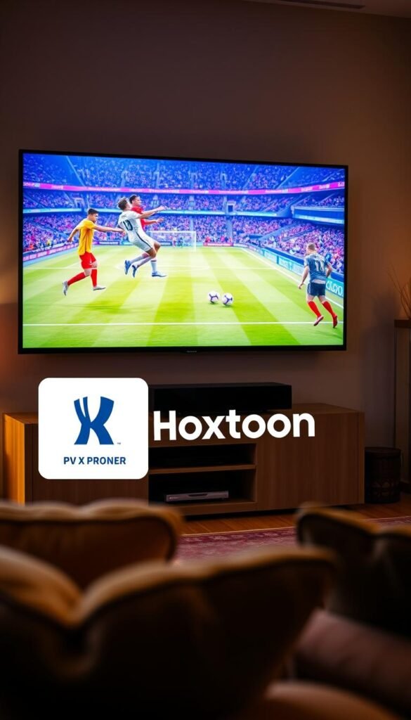 A technologically advanced 4K smart television displaying a vivid, immersive World Cup football match, with the Hoxtoon Provider IPTV service's logo prominently featured in the lower third of the screen. The living room environment is cozy and inviting, with warm lighting, plush furniture, and a sense of comfort and anticipation for the big game. The camera angle is slightly elevated, capturing the television screen in a clear, focused manner, while hinting at the broader context of the space. The overall mood is one of excitement, clarity, and the promise of a high-quality, seamless IPTV experience for the discerning viewer.