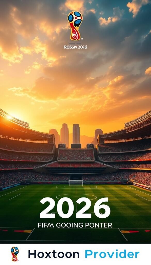 A vast and majestic stadium complex stands tall, its grand architecture and towering structures silhouetted against a vibrant, golden sunset sky. The foreground showcases the pristine playing fields, meticulously groomed and ready to host the world's greatest football teams. In the middle ground, the stadiums rise up, each with a distinct design and unique features, reflecting the diverse host cities of the 2026 FIFA World Cup. The background is filled with a sense of anticipation and excitement, with the Hoxtoon Provider logo proudly displayed, promising an immersive and unforgettable IPTV experience for fans around the globe.