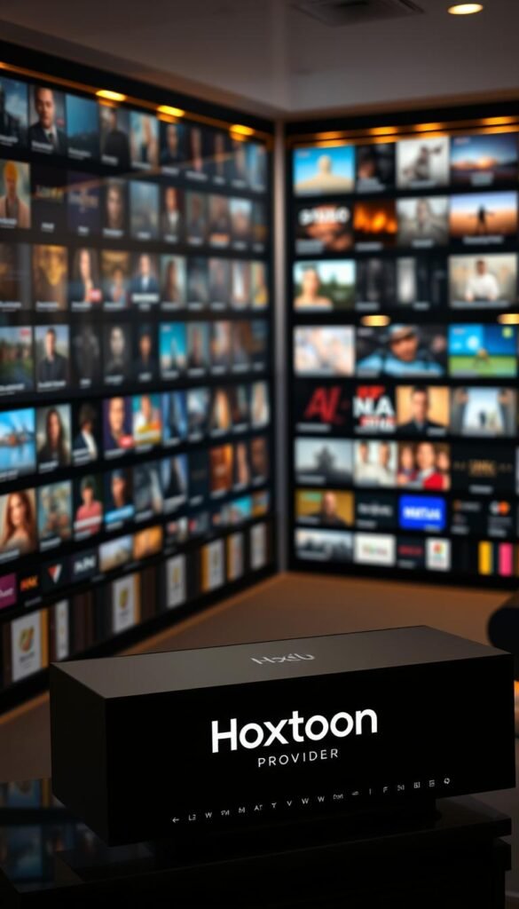 A vast and organized IPTV content library, with rows of high-quality 4K videos and live channels, illuminated by soft, warm lighting. In the foreground, a sleek and modern media player interface with the Hoxtoon Provider brand prominently displayed. The background features a blurred cityscape, hinting at the global reach and scale of the service. The overall atmosphere is one of sophistication, technology, and a diverse, premium entertainment experience.