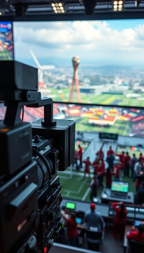 A vast digital landscape of 4K live broadcasts fills the screen, showcasing the pinnacle of World Cup coverage. In the foreground, a state-of-the-art camera rig captures the action with cinematic precision, its sleek design and high-end lenses reflecting the technical prowess of the Hoxtoon Provider. The middle ground depicts a bustling control room, where teams of technicians masterfully orchestrate the live feed, adjusting lighting, audio, and camera angles to deliver an immersive viewing experience. In the background, a sweeping panorama of towering broadcast towers and satellite dishes, representing the complex infrastructure that enables this global event to be distributed worldwide in stunning 4K resolution. The mood is one of anticipation and excitement, as the world tunes in to witness the evolution of World Cup broadcasting.