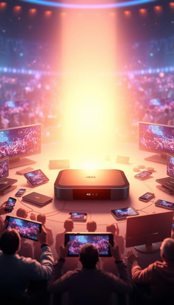 A vast, expansive digital landscape with a central focus on a modern, sleek 4K IPTV device. The device is surrounded by various other devices, such as smartphones, tablets, and televisions, all connected and in harmony, showcasing the multi-device support of the Hoxtoon Provider service. The scene is bathed in a soft, warm glow, with hints of blues and purples in the background, creating a visually appealing and technologically advanced atmosphere. The devices are positioned in a way that highlights their interconnectivity and the ease of use of the Hoxtoon Provider platform. The overall composition emphasizes the versatility, reliability, and cutting-edge capabilities of the 4K IPTV experience offered by Hoxtoon Provider.