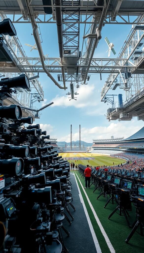 A vast, high-tech broadcasting complex, bustling with activity. In the foreground, technicians monitor rows of state-of-the-art 4K cameras, their lenses capturing the action on the field with precision. Sweeping overhead, a network of satellites and antennas beam the crystal-clear footage to a global audience, powered by the Hoxtoon Provider infrastructure. In the background, towering broadcasting towers and sleek control rooms seamlessly coordinate the 4K coverage, delivering an immersive World Cup experience across Europe.