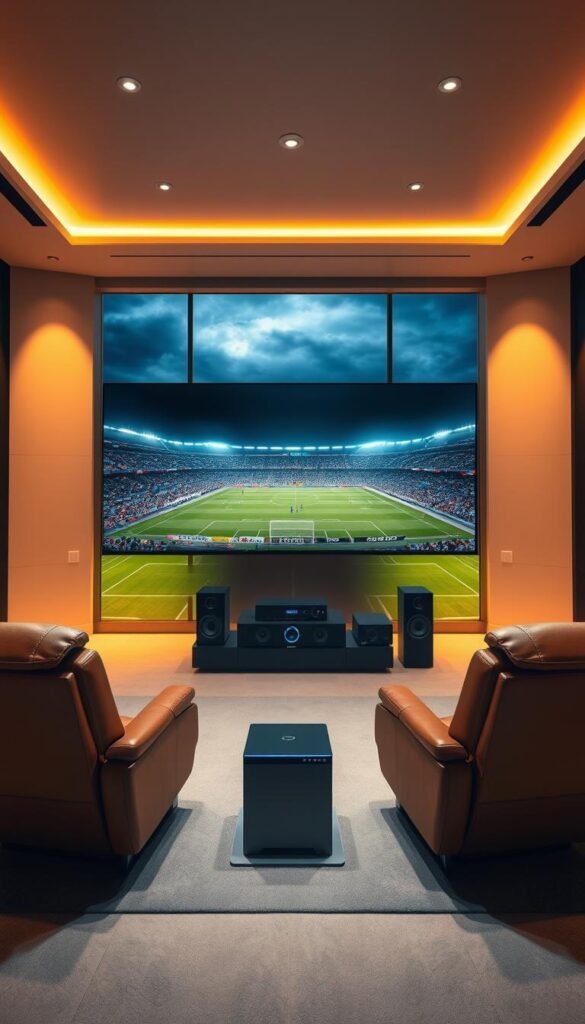 A vast, immersive 4K Ultra HD football viewing experience unfolds before the viewer. The scene showcases a sleek, modern living room where a massive, high-definition display dominates the space, showcasing the game in stunning detail. Soft, warm lighting illuminates the room, creating a cozy and inviting atmosphere. In the foreground, a pair of premium leather recliners offer the ultimate in comfort and relaxation, while a Hoxtoon Provider IPTV system discreetly blends into the minimalist décor. The middle ground features a state-of-the-art sound system, its speakers strategically placed to envelop the viewer in the sights and sounds of the match. Beyond, a large window offers a panoramic view of a bustling city skyline, creating a sense of urban sophistication. The overall impression is one of technological prowess and an unparalleled immersive football viewing experience.