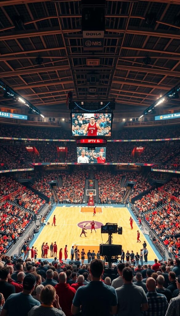 A vast sports arena filled with spectators, the court center stage, illuminated by warm, focused lighting. In the foreground, a group of sports enthusiasts gathered around a screen, intently watching the live coverage. The scene exudes an atmosphere of excitement and anticipation, as the Hoxtoon Provider IPTV service seamlessly delivers the high-definition 4K sports action. The middle ground showcases the state-of-the-art equipment and infrastructure that powers the IPTV platform, with technicians monitoring the smooth transmission. In the background, the arena's expansive architecture and the eager crowd create a sense of scale and energy, capturing the thrill of the sports event. The overall composition conveys the reliability and immersive experience of the Hoxtoon Provider IPTV service for sports enthusiasts.