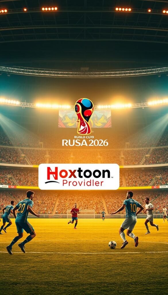 A vast stadium backdrop, with the iconic FIFA World Cup logo prominently displayed. In the foreground, a group of professional soccer players engaged in an intense match, their movements captured in stunning 4K resolution. The crowd cheers in the distance, their energy palpable. Warm, natural lighting casts a golden glow, heightening the drama of the scene. In the middle ground, the "Hoxtoon Provider" logo stands out, signifying the best IPTV service for an immersive 4K Asia streaming experience of the FIFA 2026 tournament.