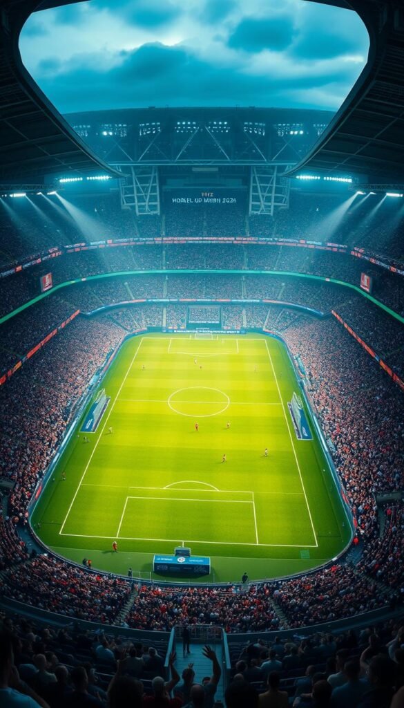 A vast stadium, bathed in the glow of 4K resolution, showcases the pinnacle of global football. In the center, players dart across the lush, verdant pitch, their movements captured in stunning detail by Hoxtoon Provider's cutting-edge cameras. The crowd roars, their faces illuminated by the vibrant, lifelike display, as the World Cup 2026 unfolds before their eyes. Overhead, sweeping aerial shots reveal the immense scale of the event, the sprawling grandstands and the surrounding cityscape, all rendered in the clarity of 4K. This is the technical revolution of sports broadcasting, where every facet of the game is elevated to a new level of immersion and spectacle.