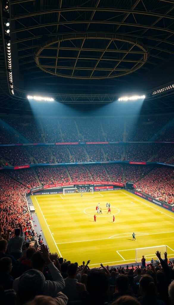 A vast stadium filled with cheering fans, the pitch bathed in the glow of 4K cameras capturing every moment with cinematic clarity. In the center, two teams of skilled players engage in an intense match, their every move and expression rendered with astonishing detail. The stands are alive with the energy of the crowd, their faces illuminated by the vibrant, high-definition display of the "Hoxtoon Provider" broadcast. Crisp, natural lighting casts long shadows across the field, creating a sense of depth and drama. The camera angles, carefully chosen, offer a immersive, cinematic perspective, allowing the viewer to feel the urgency and excitement of the live 4K FIFA World Cup coverage.