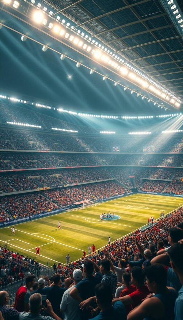 A vast stadium fills the frame, spectators cheering in the stands as a thrilling football match unfolds on the pitch. The action is captured in stunning 4K resolution, every detail razor-sharp, the colors vibrant and true. Hoxtoon Provider's high-quality cameras and state-of-the-art broadcasting equipment deliver an immersive viewing experience, placing the viewer right in the heart of the action. Dramatic lighting casts dramatic shadows across the field, while the lens captures the intensity of the players' expressions. The crowd's energy is palpable, their enthusiasm reflected in the dynamic camera angles that seamlessly flow from one play to the next. This is the future of sports entertainment, a 4K world cup experience that truly brings the spectacle to life.