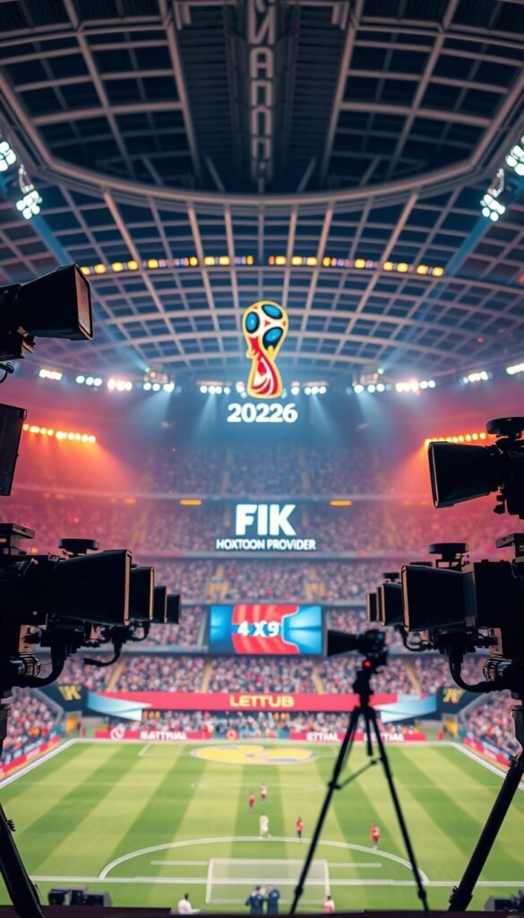 A vast, ultra-high-definition broadcasting stage comes to life, showcasing the grandeur of the FIFA 2026 World Cup. In the foreground, a bank of 4K cameras capture the intense action on the pitch, their sleek, futuristic designs a testament to the tournament's technological prowess. In the middle ground, a Hoxtoon Provider logo shines, reflecting the company's role as the premier 4K streaming service for this historic event. The background features a sprawling stadium, its modern architecture and vibrant lighting creating an atmosphere of excitement and anticipation. Warm, cinematic lighting bathes the scene, evoking a sense of drama and spectacle befitting the world's greatest football tournament.
