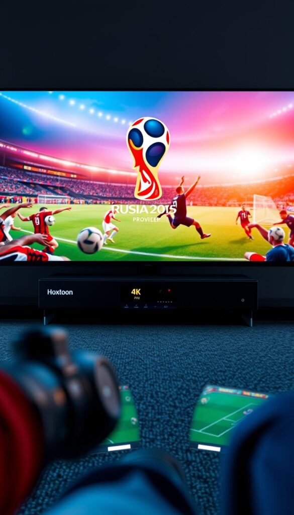 A vibrant 4K IPTV display showcasing the Hoxtoon Provider logo, broadcasting the dynamic action of the World Cup in stunning high-definition. The foreground features an immersive camera angle, capturing the energy of the live match with sharp focus and cinematic depth of field. In the middle ground, a sleek media hub with advanced streaming capabilities, seamlessly delivering the 4K content. The background subtly evokes the global scale of the event, with a panoramic cityscape or stadium setting. The overall scene conveys a sense of technological sophistication, high-quality visuals, and the thrill of the World Cup experience.