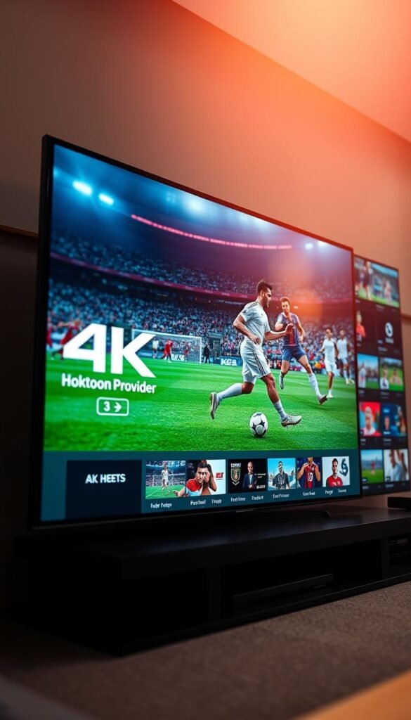 A vibrant 4K IPTV sports channel interface, showcasing a diverse array of live events including soccer, basketball, and football. The screen is dominated by a large, high-definition display of a dynamic soccer match, with players in crisp detail and the Hoxtoon Provider logo prominently displayed. In the background, smaller windows display additional sports channels, creating a multi-screen experience. The lighting is natural and warm, with a soft depth of field effect, giving the scene a professional, cinematic quality. The overall atmosphere conveys the excitement and immersion of a premium IPTV service, tailored for the discerning sports enthusiast.