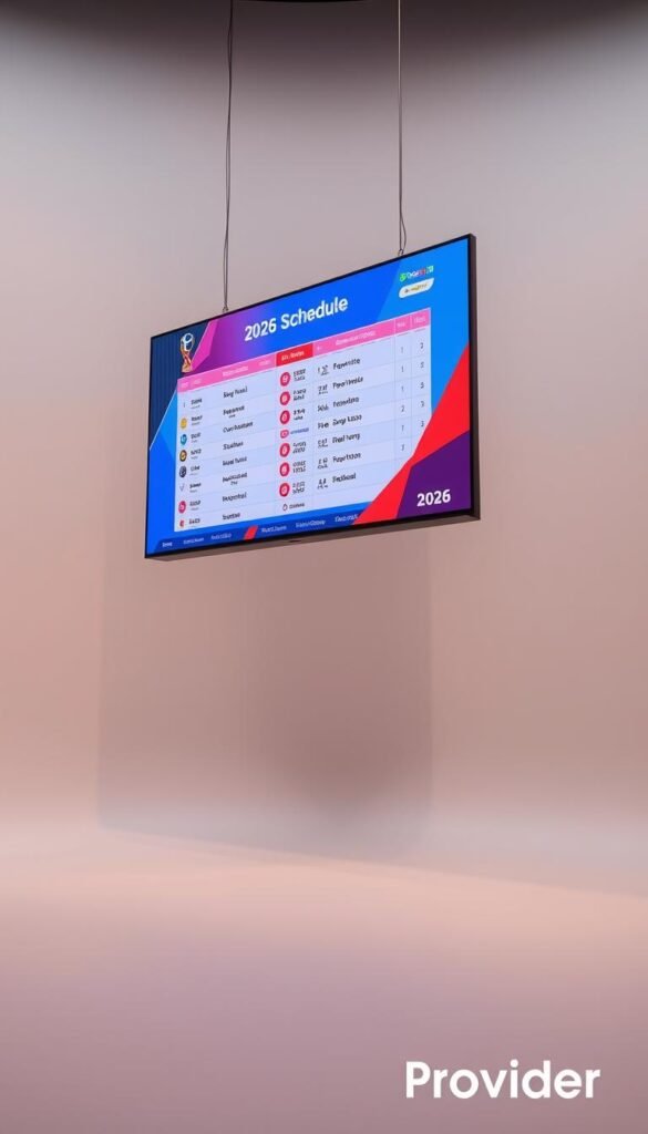A vibrant, 4K broadcast schedule for the 2026 FIFA World Cup, displayed on a sleek, high-definition screen. The schedule is presented in a clean, modern layout, with team logos, match times, and stadium locations prominently featured. The screen is suspended in a minimalist, well-lit studio setting, with a backdrop of muted, neutral tones that allow the schedule to take center stage. The overall scene conveys a sense of professionalism and anticipation for the upcoming tournament, accentuated by the Hoxtoon Provider branding prominently displayed in the corner of the screen.