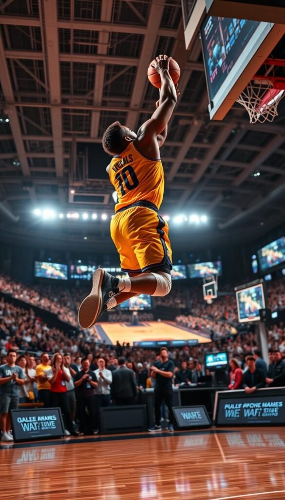 A vibrant 4K live sports broadcast, capturing the energy and dynamism of the "Hoxtoon Provider" platform. In the foreground, a high-resolution, ultra-detailed image of a basketball player mid-jump, their muscles straining with power and intent. The middle ground reveals a state-of-the-art sports arena, filled with cheering fans, the lighting casting dramatic shadows and highlights across the scene. In the background, a sleek, futuristic control room, with screens displaying real-time data and live feeds, symbolizing the technological advancement of modern sports broadcasting. The overall atmosphere is one of excitement, immersion, and the evolution of sports entertainment.