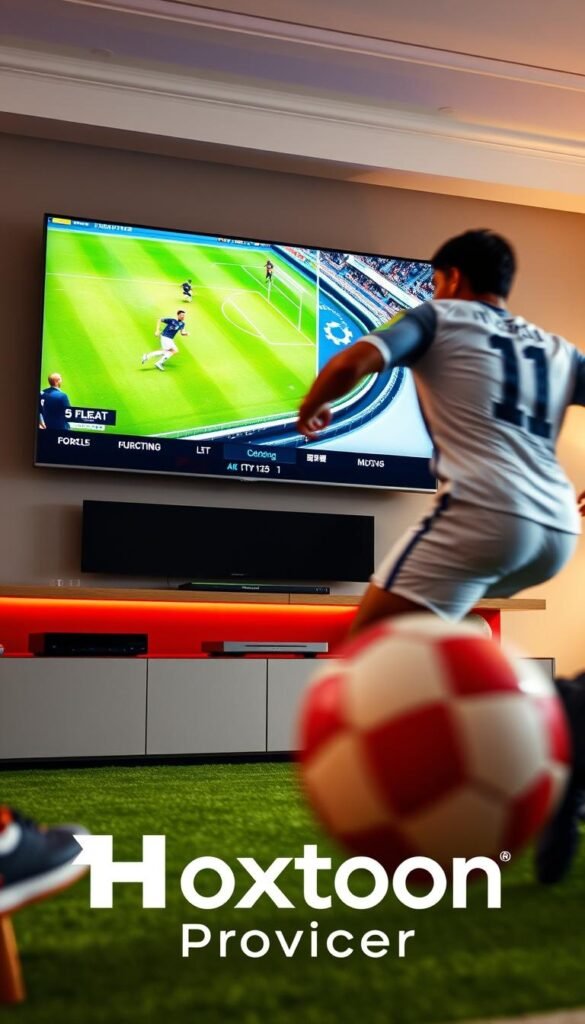 A vibrant 4K live sports streaming scenario featuring the Hoxtoon Provider logo. In the foreground, a close-up of a soccer player making a dynamic pass, the ball's motion captured with a fast shutter speed. In the middle ground, a large screen displays the live game feed in stunning 4K resolution. The background showcases a modern, minimalist home entertainment setup with sleek black and silver components. The lighting is warm and natural, creating a sense of immersion and excitement. The overall mood is one of high-quality, professional sports entertainment, perfectly captured by the Hoxtoon Provider's cutting-edge IPTV service.