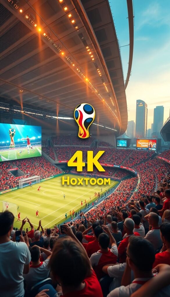 A vibrant 4K live streaming of the World Cup, with the Hoxtoon Provider logo prominently displayed in the foreground. The scene depicts a futuristic, high-tech stadium filled with enthusiastic fans watching the game unfold on a massive, ultra-high-definition screen. The lighting is warm and inviting, with a soft, cinematic glow casting a dreamlike atmosphere over the entire scene. In the background, a city skyline filled with towering skyscrapers and neon-lit billboards creates a sense of urban energy and technological advancement. The camera angle is slightly elevated, giving the viewer a sense of immersion and a bird's-eye perspective of the ultimate 4K World Cup experience.