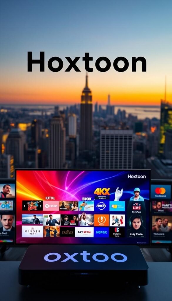 A vibrant, 4K-quality image of the "Hoxtoon Provider" brand, capturing the essence of the best IPTV service in the USA. In the foreground, the Hoxtoon logo stands out prominently, with sleek and modern design elements. The middle ground features a dynamic display showcasing a diverse range of live channels and on-demand content, all in stunning high definition. The background depicts a cityscape, representing the vast reach and reliable service Hoxtoon provides to its customers nationwide. The overall scene conveys a sense of technological sophistication, reliability, and the ability to deliver an exceptional viewing experience.