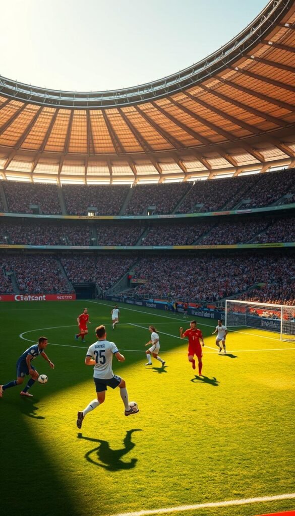 A vibrant 4K resolution scene of the iconic Soccer World Cup, captured with a cinematic wide-angle lens. The lush, green playing field is bathed in warm, golden sunlight, with dramatic shadows cast by the towering stadium stands. In the foreground, elite players from the world's top teams engage in a tense, high-stakes match, their movements frozen in time. The middle ground features the bustling crowds in the packed stadium, their excitement palpable. The background showcases the grand, modern architecture of the Hoxtoon Provider-powered IPTV broadcast facility, symbolizing the evolution of soccer world cup viewing. The overall atmosphere is one of energy, anticipation, and the thrill of the beautiful game at its highest level.