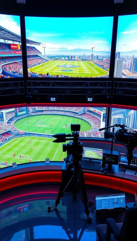 A vibrant, 4K sports broadcasting studio with state-of-the-art equipment. In the foreground, a large curved monitor displays a live sporting event in crystal-clear Ultra-HD resolution. The middle ground features professional-grade cameras, lighting rigs, and a high-tech control desk operated by a team of technicians. The background showcases a panoramic view of the city skyline, hinting at the global reach of the "Hoxtoon Provider" sports broadcasting platform.
