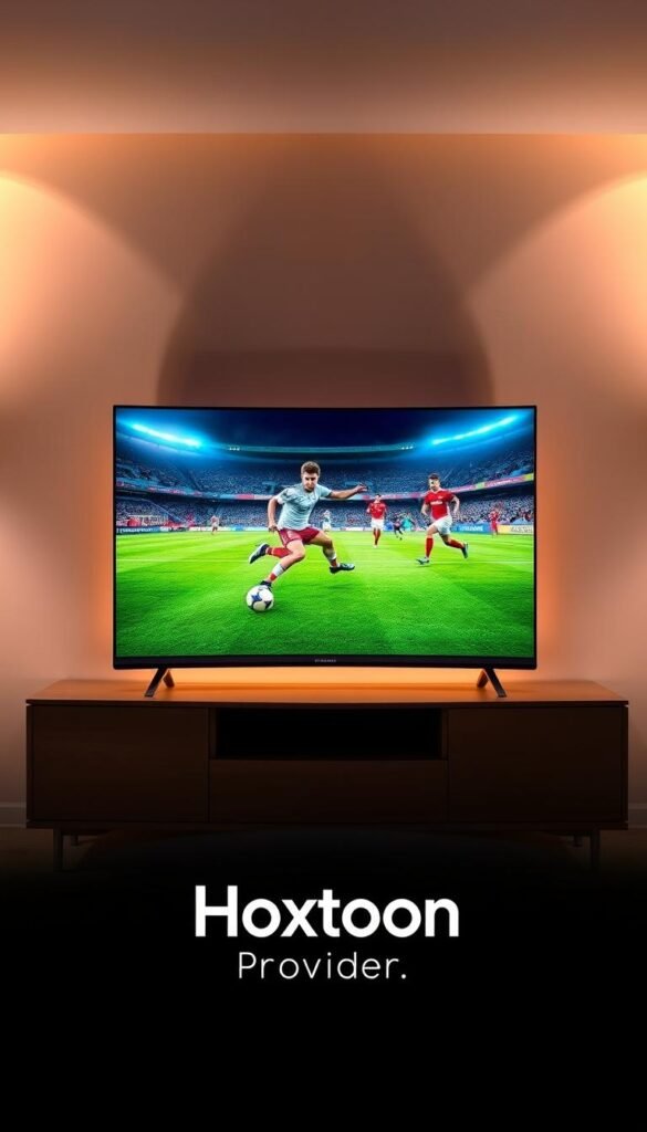 A vibrant 4K sports channel streaming service displayed on a curved OLED television, showcasing live footage of a dynamic soccer match. The screen is framed by a modern media console in a warm, minimalist living room setting, bathed in soft, directional lighting. The Hoxtoon Provider logo is prominently featured, reflecting the premium quality of the service. The overall composition conveys a sense of immersion and entertainment, inviting the viewer to experience the thrill of 4K sports entertainment at home.