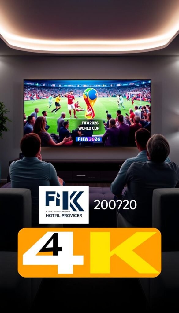 A vibrant 4K stream of the FIFA 2026 World Cup showcases the action on a sleek, high-definition display. In the foreground, the Hoxtoon Provider logo stands out, representing the IPTV service that delivers this immersive football experience. The middle ground features spectators engrossed in the match, their faces lit by the glow of the screen. The background is a modern, minimalist living room setting, with clean lines and subtle lighting that enhances the cinematic atmosphere. The overall scene conveys the excitement and convenience of watching the tournament in stunning 4K quality, thanks to the Hoxtoon IPTV solution.