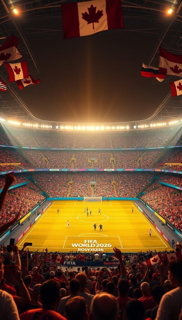 A vibrant FIFA World Cup 2026 stadium filled with passionate fans waving their national flags. In the foreground, the iconic Hoxtoon Provider logo is prominently displayed on the field, bathed in warm, golden lighting. The middle ground features the players of the finalists, locked in an intense, high-octane match, their movements frozen in time. In the background, the towering grandstands are alive with the energy of the crowd, creating a palpable sense of anticipation and excitement. The scene is captured with a wide-angle lens, giving a panoramic view of the entire spectacle, evoking the thrill and grandeur of the FIFA World Cup 2026.