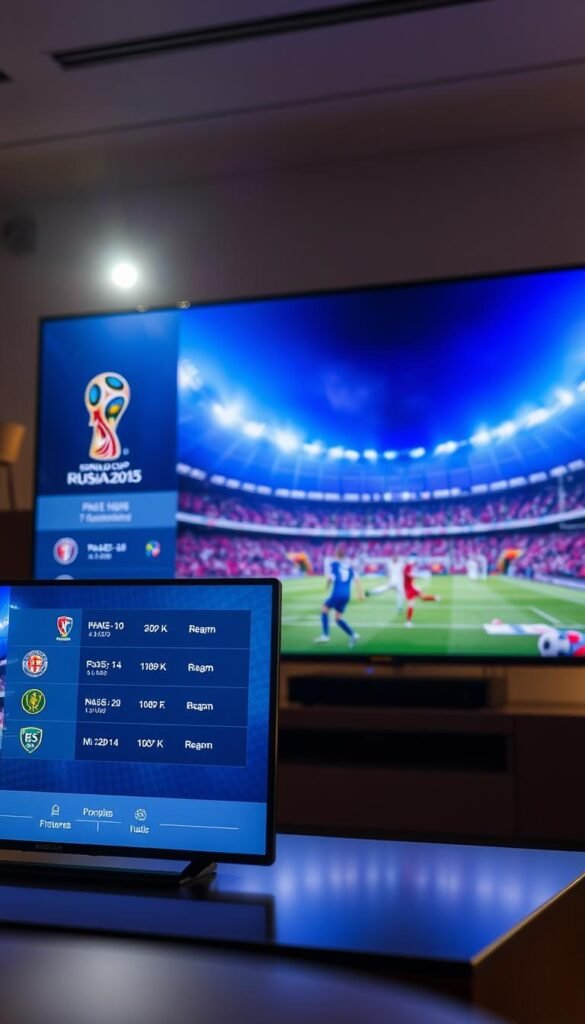 A vibrant and detailed 4K IPTV display showcasing the captivating World Cup fixtures. In the foreground, a sleek and modern user interface presents the upcoming match schedule, with team logos and tournament information rendered in crisp, high-resolution graphics. The middle ground features a large, widescreen display showcasing a live match, the players and the stadium vividly captured in stunning 4K clarity. In the background, a subtle halo of light illuminates the scene, creating a sense of depth and immersion. The overall atmosphere conveys the excitement and anticipation of the World Cup experience, as delivered by the Hoxtoon Provider IPTV service.