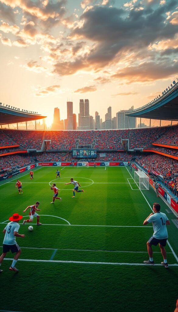A vibrant and dynamic FIFA 2026 World Cup scene unfolds in a high-definition 4K resolution. In the foreground, a thrilling soccer match is in progress, with skilled players dribbling the ball and fierce tackles unfolding on the lush, perfectly manicured pitch. The middle ground features a packed stadium, with passionate fans adorned in their national team colors, waving flags and cheering enthusiastically. In the background, the iconic Hoxtoon Provider skyline rises, bathed in the golden glow of the setting sun, setting the stage for an unforgettable evening of international soccer. The atmosphere is electric, the anticipation palpable, as the world's greatest footballing talent takes the stage for the FIFA 2026 World Cup.