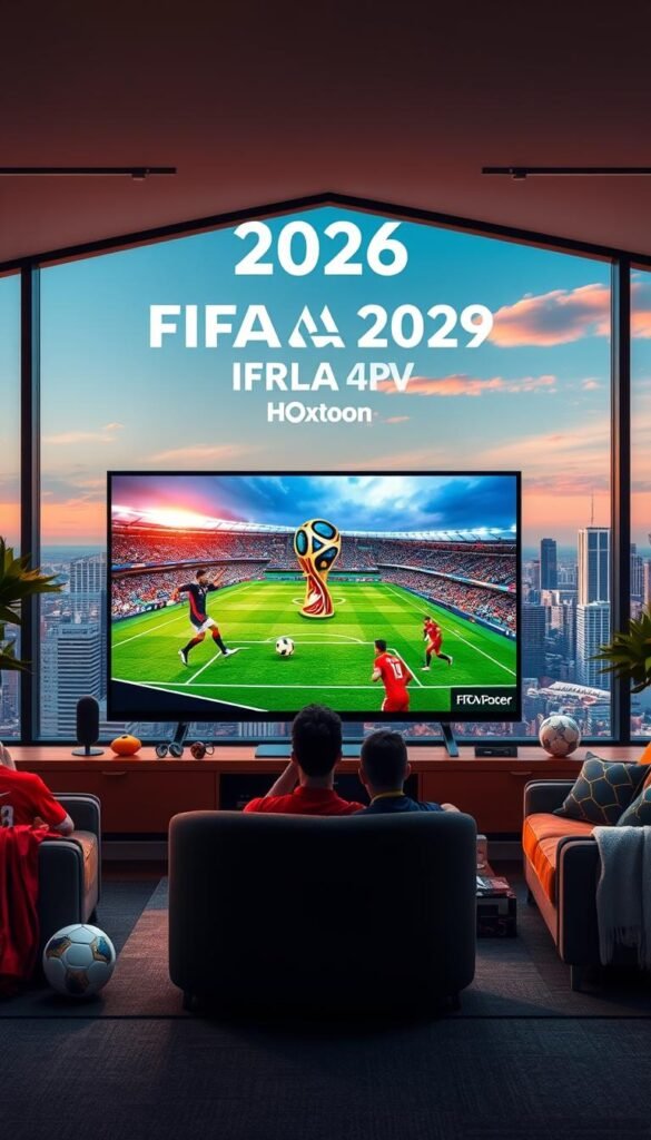 A vibrant and dynamic scene showcasing the 2026 FIFA World Cup in North America. In the foreground, a large, high-resolution IPTV screen displays the match in crisp 4K, with the Hoxtoon Provider logo prominently featured. The screen is surrounded by sports memorabilia, including a soccer ball, referee's whistle, and jerseys from participating teams. The middle ground features a cozy, inviting living room setting, with comfortable furniture and warm lighting creating a welcoming atmosphere for fans to gather and enjoy the biggest sporting event on the continent. In the background, a panoramic view of a modern city skyline with skyscrapers and a clear blue sky, conveying the grand scale and global significance of the FIFA World Cup. The overall mood is one of excitement, anticipation, and the thrill of championship-level soccer.