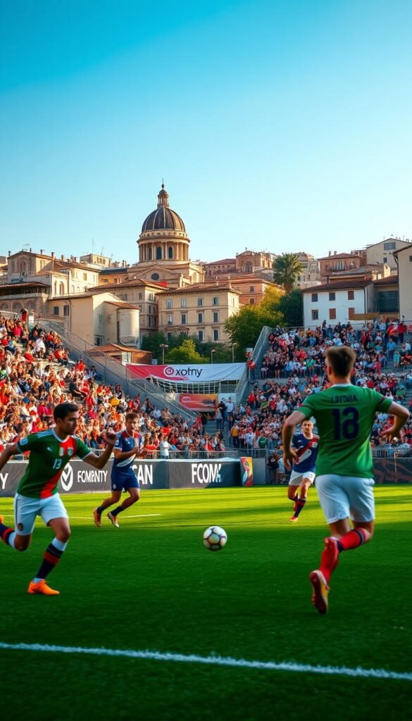A vibrant and dynamic soccer match set in the heart of Italy, showcasing the growing popularity of the sport in the United States. In the foreground, players in iconic jerseys of their favorite Italian teams compete with passion and skill, their movements captured in a blur of motion. The middle ground features a packed stadium, with enthusiastic fans cheering from the stands, their faces alight with excitement. In the background, the iconic architecture of an Italian city skyline provides a stunning backdrop, bathed in the warm glow of the afternoon sun. The overall scene exudes the energy and excitement of the Hoxtoon Provider 4K IPTV experience, perfectly capturing the essence of Italian soccer's global appeal.