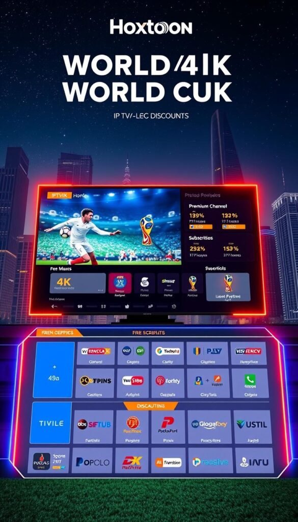 A vibrant and futuristic-looking IPTV4K World Cup interface, showcasing various streaming packages and discounts offered by the Hoxtoon Provider. In the foreground, a large 4K television screen displays live football action, surrounded by sleek and modern UI elements in shades of blue, orange, and white. The middle ground features a grid of premium channel logos and subscription plans, highlighted by neon accents and a clean, minimalist design. In the background, a cityscape with towering skyscrapers and a night sky filled with stars creates a sense of technological sophistication. Cinematic lighting and a dynamic camera angle convey the excitement and immersion of the World Cup experience delivered through Hoxtoon's IPTV4K platform.