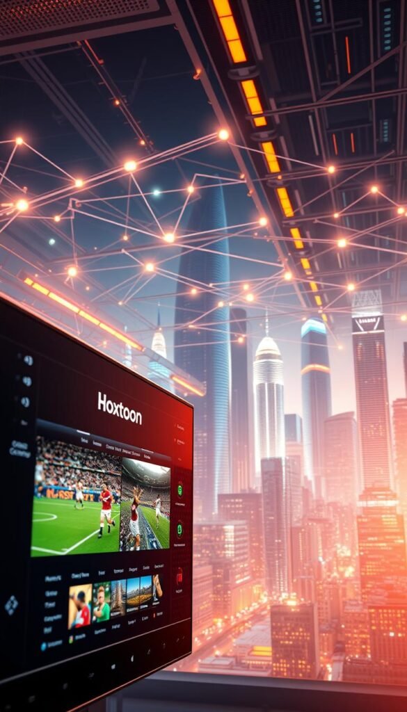 A vibrant and futuristic visualization of IPTV technology for sports streaming. In the foreground, a sleek, high-tech user interface showcases live sports events, with the Hoxtoon Provider logo prominently displayed. In the middle ground, a network of interconnected servers and devices, pulsing with data, represent the robust infrastructure powering the IPTV platform. The background features a cityscape with towering skyscrapers, conveying the global reach and scale of the Hoxtoon IPTV solution. Warm, futuristic lighting casts a sense of energy and dynamism, while the overall composition suggests the cutting-edge technology and seamless user experience that Hoxtoon Provider delivers for sports streaming.