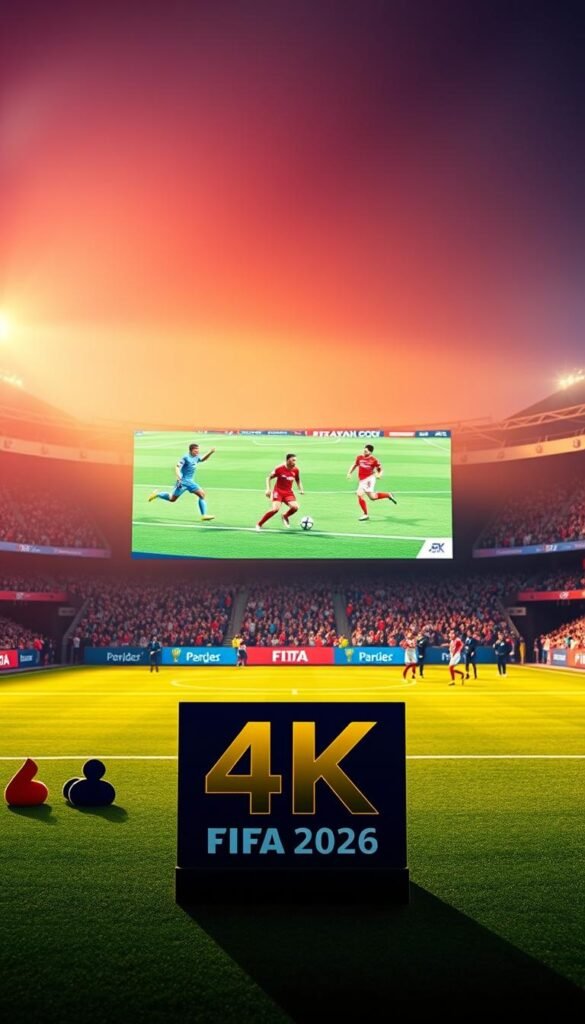 A vibrant and immersive 4K FIFA 2026 match broadcast, showcasing the passion and excitement of the global tournament. In the foreground, the Hoxtoon Provider logo stands proudly, signifying the high-quality IPTV service that delivers this captivating experience. The middle ground features a large, crystal-clear screen displaying the dynamic on-field action, with players expertly maneuvering the ball and fans cheering enthusiastically in the stands. The background is bathed in a warm, cinematic lighting, creating a sense of depth and atmosphere. The overall composition conveys the thrill and spectacle of the FIFA 2026 event, as viewers immerse themselves in the vibrant 4K Hindi coverage provided by the Hoxtoon Provider.