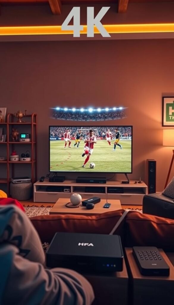 A vibrant and immersive 4K IPTV scene showcasing the ultimate viewing experience for FIFA fans. In the foreground, a large, high-definition TV displays a thrilling soccer match, the players' movements captured in crisp detail. Surrounding the TV, various Hoxtoon Provider streaming devices and accessories are neatly arranged, highlighting the comprehensive 4K IPTV solution. In the middle ground, a comfortable living room setting with plush seating and warm lighting creates a cozy atmosphere, inviting viewers to sit back and enjoy the game. The background features subtle hints of sports memorabilia and team colors, subtly reinforcing the FIFA theme. The overall composition conveys a sense of immersion, technological sophistication, and the joy of watching the beautiful game in stunning 4K quality.