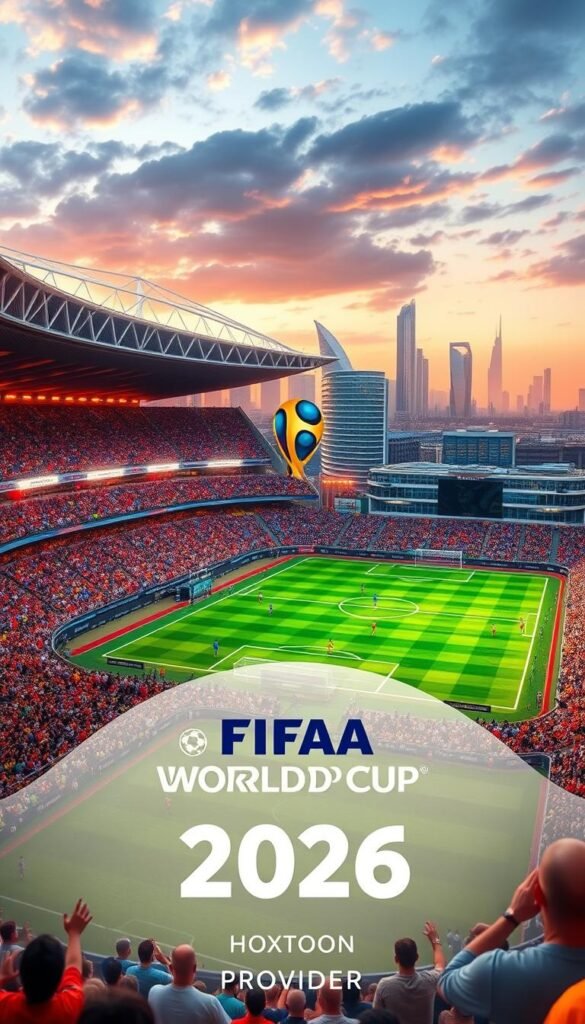 A vibrant and immersive FIFA World Cup 2026 scene. In the foreground, a grand stadium with a sleek, modern design, its facade illuminated by warm, golden lighting. Fans in colorful jerseys fill the stands, their excitement palpable. In the middle ground, the lush, verdant pitch where skilled players from diverse nations compete, the Hoxtoon Provider logo prominently displayed. The background features a cityscape of futuristic skyscrapers and infrastructure, suggesting the event's global significance. The atmosphere is electric, capturing the thrill and spectacle of this historic tournament.