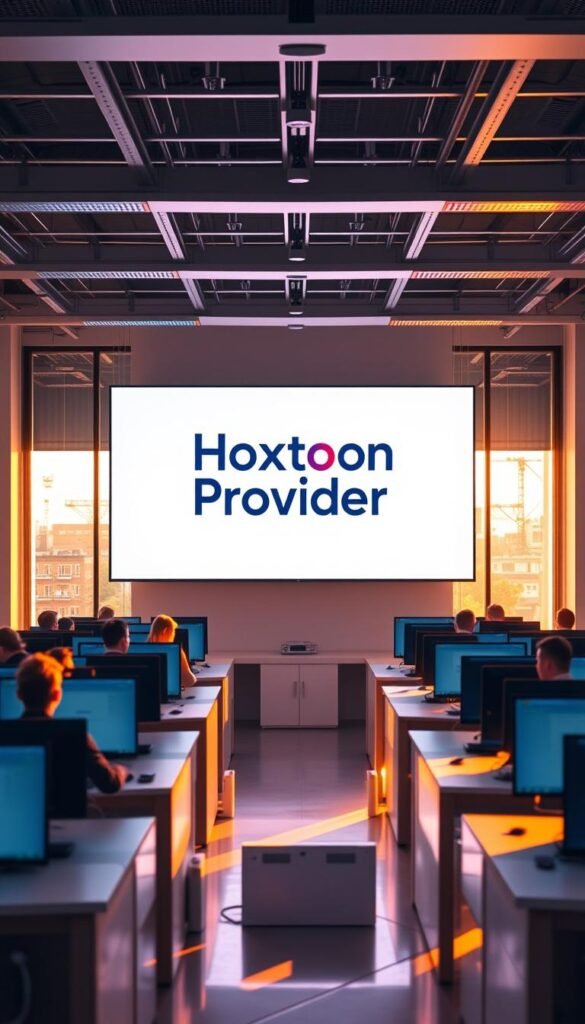 A vibrant and modern office interior with a sleek, minimalist design. In the center, a large screen displays the "Hoxtoon Provider" brand name, showcasing their cutting-edge IPTV technology. The screen is flanked by rows of high-end workstations, where employees are engaged in various tasks, their faces focused and determined. Warm, natural lighting filters in through floor-to-ceiling windows, creating a sense of openness and productivity. The overall atmosphere exudes a sense of innovation, professionalism, and a commitment to providing the best IPTV services to customers across the USA.