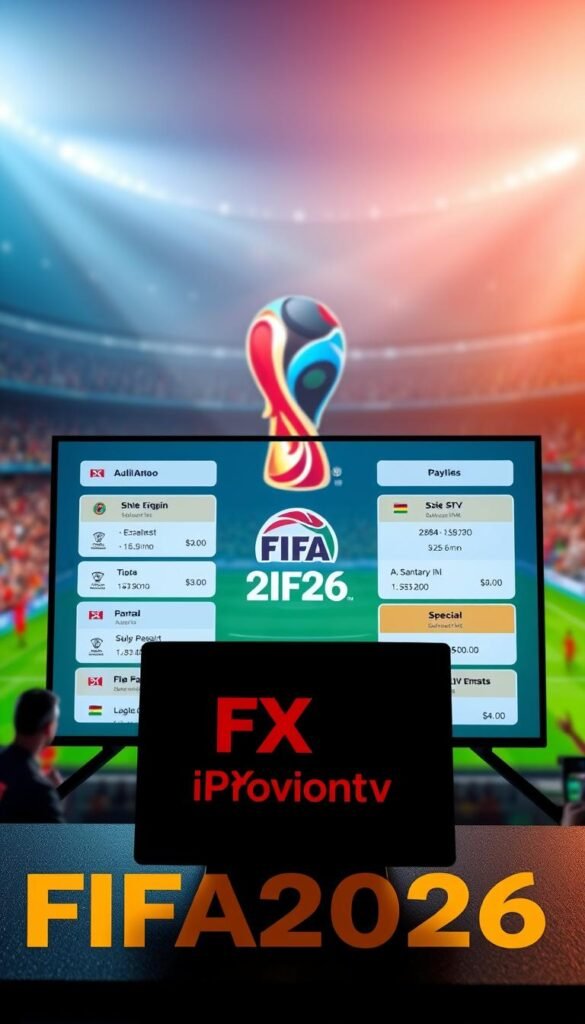 A vibrant and sleek image depicting a dynamic offer for the upcoming FIFA 2026 IPTV service. In the foreground, a boldly branded "Hoxtoon Provider" logo commands attention, surrounded by a clean and modern user interface showcasing various subscription plans and special deals. The middle ground features a high-resolution rendering of the FIFA 2026 logo, rendered in vivid colors and sharp details. In the background, a blurred stadium scene with cheering fans creates a captivating atmosphere, hinting at the immersive live-streaming experience the IPTV service will provide. The lighting is soft and diffused, creating a sense of warmth and professionalism. The overall composition is balanced and visually striking, designed to entice potential customers and highlight the exceptional value of the "Discount FIFA2026 IPTV" offering.