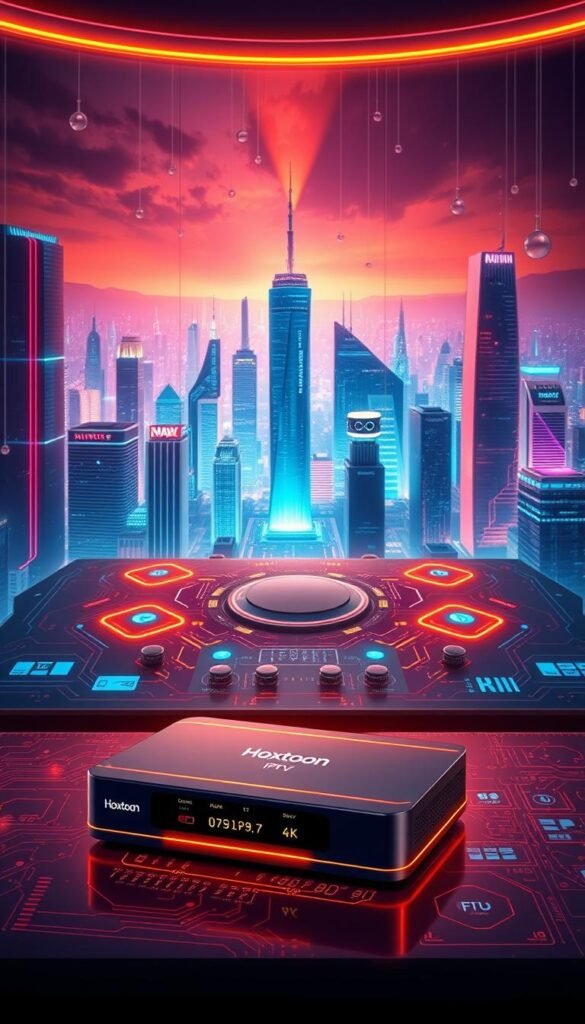 A vibrant and technical digital illustration depicting the cutting-edge IPTV technology that is revolutionizing television. In the foreground, a sleek Hoxtoon Provider set-top box with a glowing 4K display showcases the latest IPTV innovations. The middle ground features a futuristic control panel with intricate circuit boards, data streams, and holographic interfaces. In the background, a cityscape of towering skyscrapers and futuristic cityscapes illustrates the connectivity and global reach of IPTV. The scene is illuminated by a warm, ambient lighting that creates a sense of technological progress and advancement. The overall mood is one of innovation, sophistication, and the transformative power of IPTV.