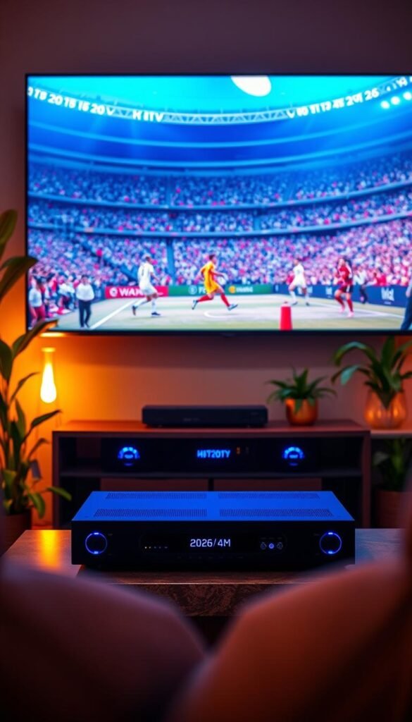 A vibrant, cinematic scene of a 4K Hindi television broadcast of the 2026 FIFA World Cup. In the foreground, a large, ultra-high-definition television screen displays a captivating match, its crisp visuals and vivid colors filling the frame. In the middle ground, a sleek, modern entertainment center housing the Hoxtoon Provider IPTV system, its blue LED indicators pulsing with activity. The background features a warm, cozy living room setting, with plush sofas and lush, verdant houseplants, bathed in the soft glow of indirect lighting. The overall atmosphere is one of immersive, cinematic excitement, perfectly capturing the thrill of experiencing the 2026 FIFA World Cup in stunning 4K Hindi quality through the Hoxtoon Provider IPTV service.