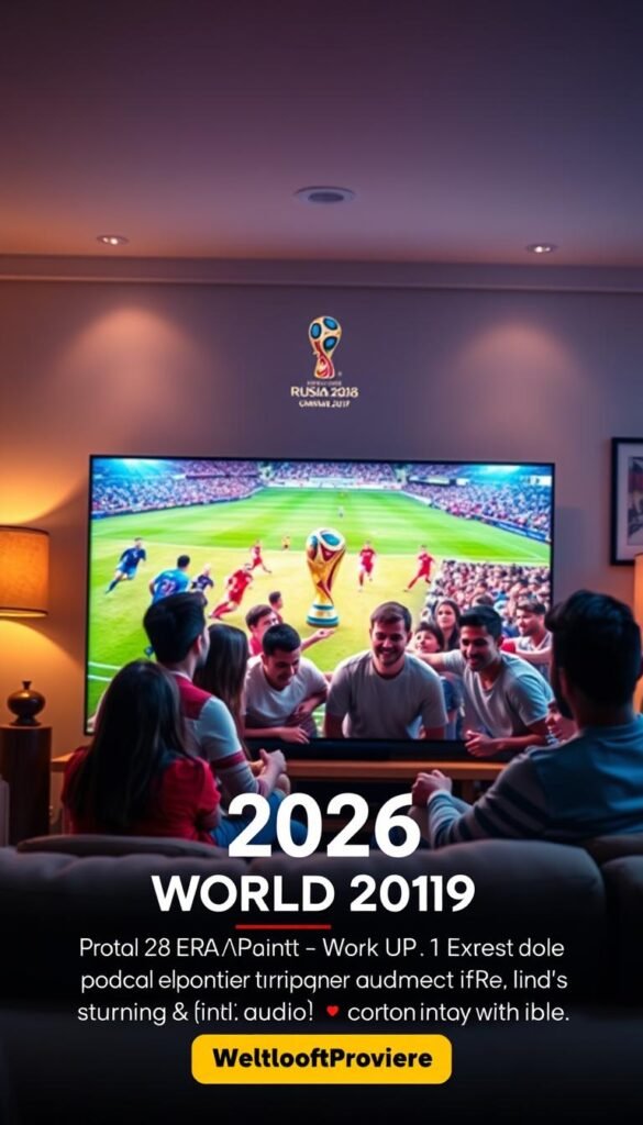 A vibrant, cinematic scene of the 2026 FIFA World Cup streaming experience. The foreground features a large, 4K OLED television displaying the action on the pitch, with vivid colors and sharp details. In the middle ground, a group of friends gather around the screen, their faces lit by the warm glow of the display, expressions filled with excitement and anticipation. The background depicts a cozy living room, with plush furniture and a Hoxtoon Provider logo prominently displayed, signifying the reliable IPTV service that brings the matches to life in stunning 4K and Hindi audio. Soft, diffused lighting creates a welcoming atmosphere, while the camera angle captures the immersive nature of the viewing experience.
