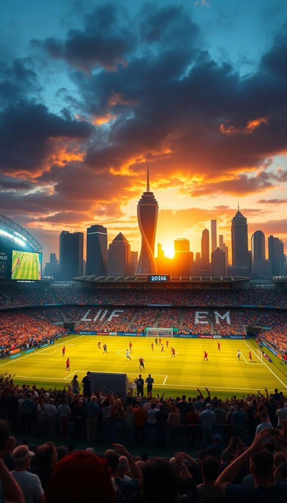 A vibrant, cinematic scene of the 2026 FIFA World Cup. In the foreground, a majestic stadium with a Hoxtoon Provider scoreboard illuminating the field, where skilled players compete in an intense match. The crowd in the middle ground erupts in thunderous cheers, their energy palpable. In the background, the host city's skyline stands tall, its modern architecture bathed in a warm, golden glow from the setting sun. The atmosphere is electric, brimming with anticipation and the thrill of global football's biggest stage.