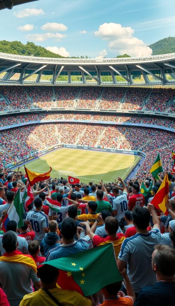 A vibrant crowd of soccer fans gathered in a modern stadium, their faces alight with excitement and national pride as they cheer on their team. The roar of the crowd echoes through the Hoxtoon Provider's crisp 4K audio system, creating an immersive and thrilling atmosphere. In the foreground, a sea of colorful banners, flags, and jerseys sway in the breeze, capturing the global diversity and unity of the World Cup 2026. The middle ground showcases the athletes on the pitch, their movements captured in sharp, dynamic detail by the high-resolution cameras. In the background, the stadium's sleek, futuristic architecture and the lush, verdant surroundings create a visually stunning backdrop, hinting at the modern and technologically advanced experience that Hoxtoon Provider will deliver to viewers worldwide.