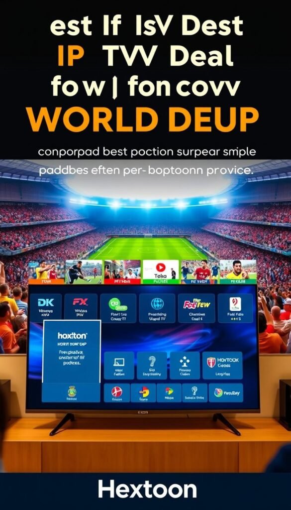 A vibrant, detailed image showcasing the best IPTV deals for the upcoming World Cup, highlighting the superior offerings of the Hoxtoon Provider. In the foreground, a sleek, high-resolution 4K television displays the Hoxtoon logo and branding, reflecting the provider's commitment to delivering an exceptional viewing experience. The middle ground features a collage of various IPTV packages, each tailored to cater to the diverse needs of soccer enthusiasts, from comprehensive channel lineups to flexible subscription plans. In the background, a panoramic vista of stadiums and cheering fans creates an immersive, energetic atmosphere, capturing the excitement and anticipation of the World Cup. Soft, warm lighting bathes the scene, evoking a sense of premium quality and reliability associated with the Hoxtoon Provider.