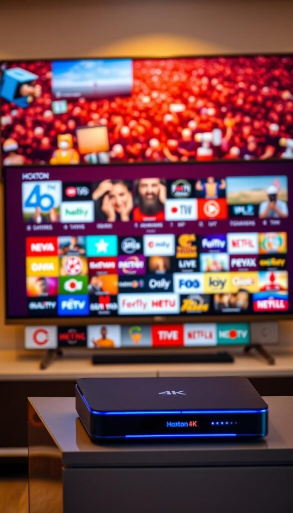 A vibrant, high-definition IPTV streaming setup showcasing the expansive channel selection of Hoxtoon Provider. In the foreground, a sleek 4K streaming device sits atop a modern media cabinet, its LED indicators softly glowing. The middle ground features a high-contrast display showcasing a curated selection of popular live TV channels, their logos and program information crisp and legible. In the background, a lush, cinematic array of channels fills the screen, hinting at the unparalleled variety available through Hoxtoon. Warm, diffused lighting creates a welcoming, immersive atmosphere, conveying the effortless enjoyment of limitless entertainment at the fingertips of Hoxtoon customers.