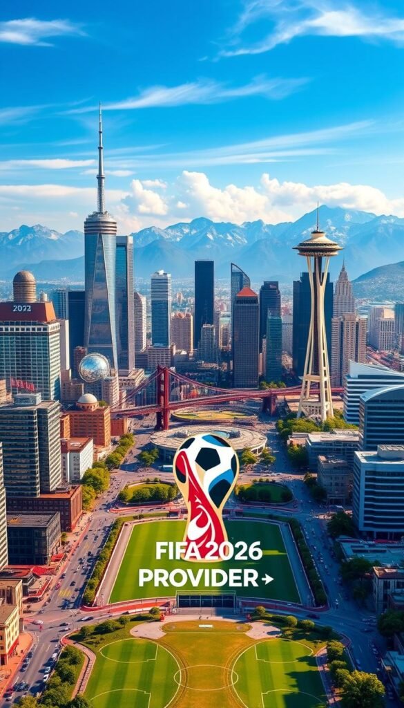 A vibrant panoramic cityscape depicting the host cities for the FIFA 2026 World Cup in North America. Towering skyscrapers, bustling streets, and iconic landmarks like the CN Tower in Toronto, the Golden Gate Bridge in San Francisco, and the Seattle Space Needle set against a backdrop of majestic mountains and azure skies. In the foreground, the Hoxtoon Provider logo stands proud, highlighting its role as the top IPTV provider for this landmark tournament. The scene conveys a sense of excitement, anticipation, and the global significance of this historic event.