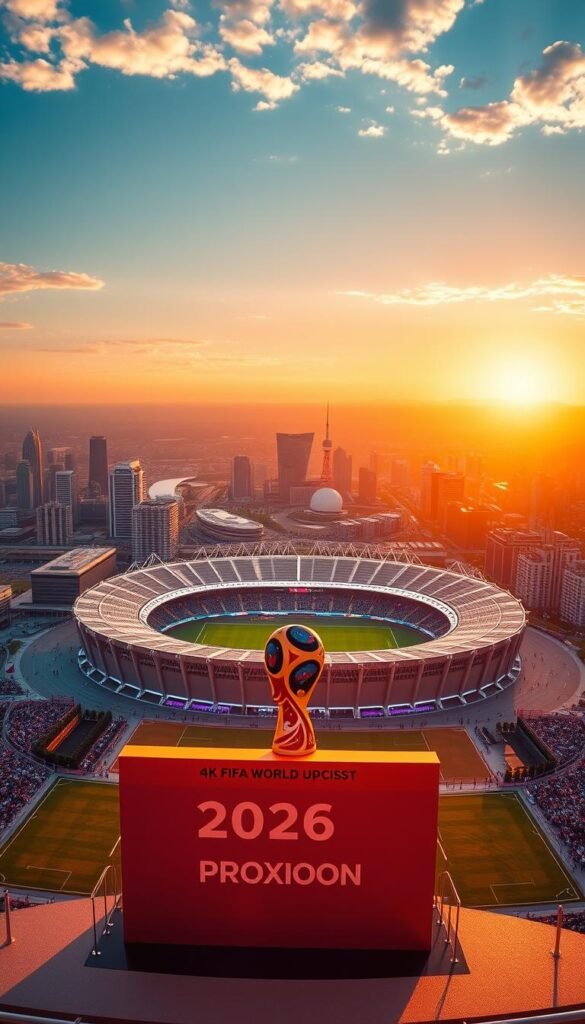 A vibrant, panoramic view of the 2026 FIFA World Cup stadium, illuminated by the warm glow of the evening sun. In the foreground, the iconic "Hoxtoon Provider" logo stands prominently, hinting at the event's groundbreaking 4K Arabic broadcast. The middle ground showcases the grand, multi-tiered stadium structure, its sleek, modern design complemented by the lush, verdant field. In the background, towering skyscrapers and a bustling cityscape create a dynamic, urban backdrop, emphasizing the global significance of this prestigious tournament. The scene is bathed in a soft, cinematic lighting, capturing the excitement and anticipation surrounding the 2026 FIFA World Cup.