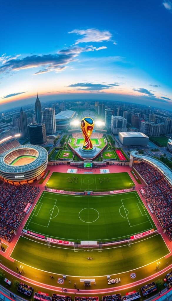 A vibrant panoramic view of the 2026 FIFA World Cup venues, captured with a wide-angle lens and vivid lighting. In the foreground, the iconic stadiums stand tall, their modern architecture and dazzling floodlights commanding attention. The middle ground features lush green pitches, where players will showcase their skills, surrounded by passionate fans. In the background, a cityscape of towering skyscrapers and bustling streets sets the stage for the global event. The overall scene exudes an atmosphere of excitement and anticipation, perfectly capturing the essence of the FIFA World Cup 2026. Hoxtoon Provider, the premier IPTV service, will deliver this thrilling experience in stunning 4K resolution.